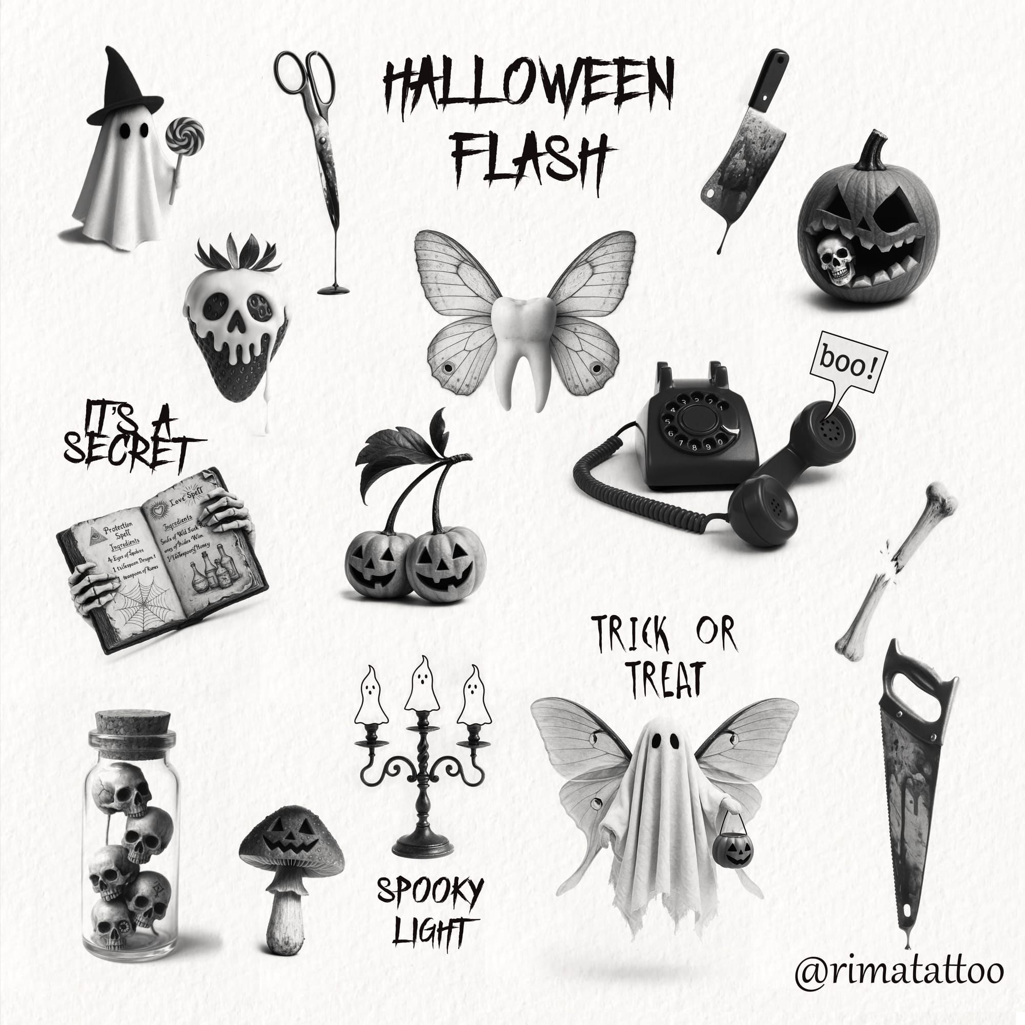 Complete Halloween tattoo flash sheet displaying all designs including ghost figures, jack-o-lanterns, skull jar, spell book, candelabra, tooth fairy moth, horror tools, and carved pumpkins. Black and grey realistic style with title "90 Halloween Flash" and "Trick or Treat." Full collection by @rimatattoo.
