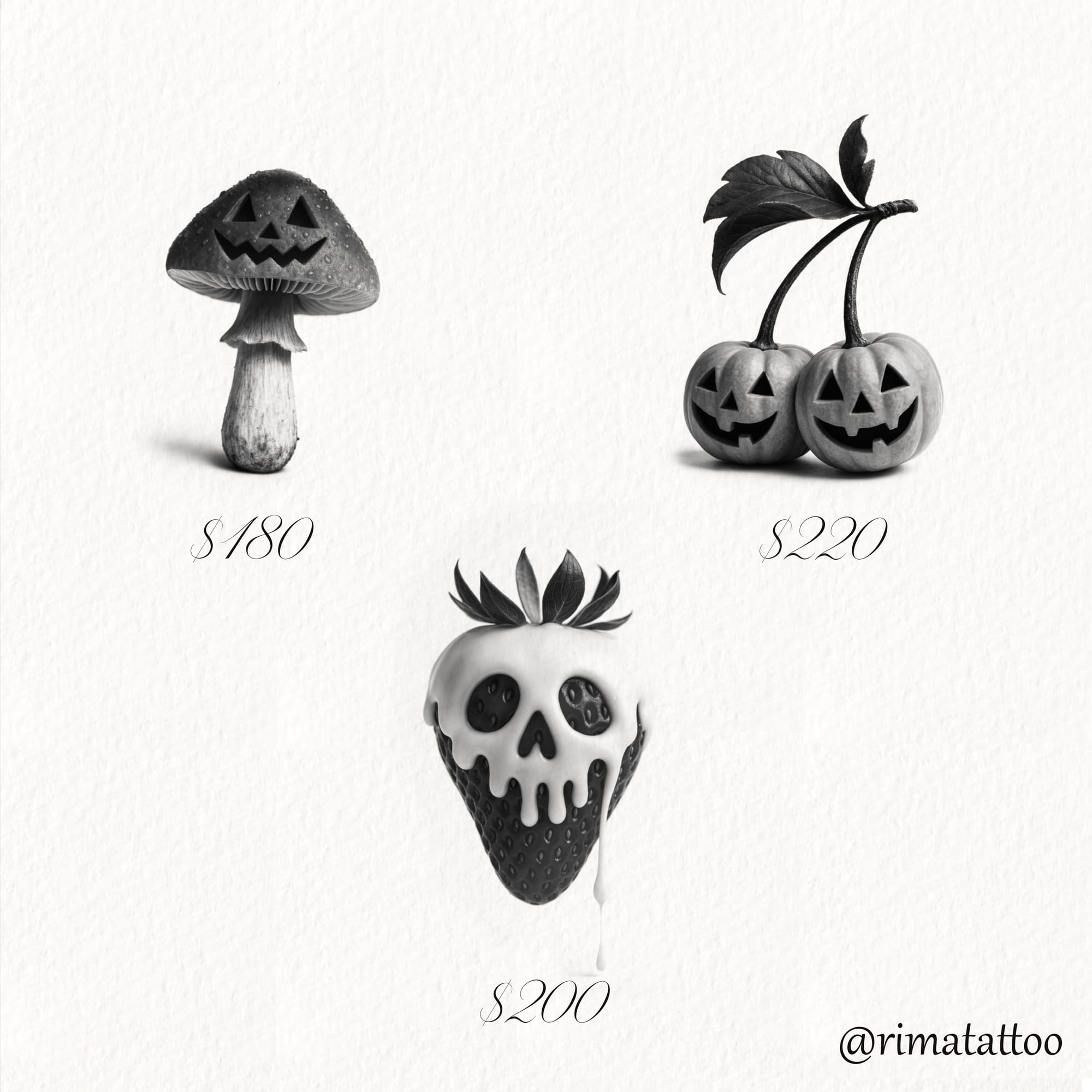 Halloween tattoo flash sheet showing three designs: a mushroom with carved jack-o-lantern face, two smiling carved pumpkins on a vine, and a white strawberry with skull face. Black and grey realistic style, priced $180-$220. Design by @rimatattoo.