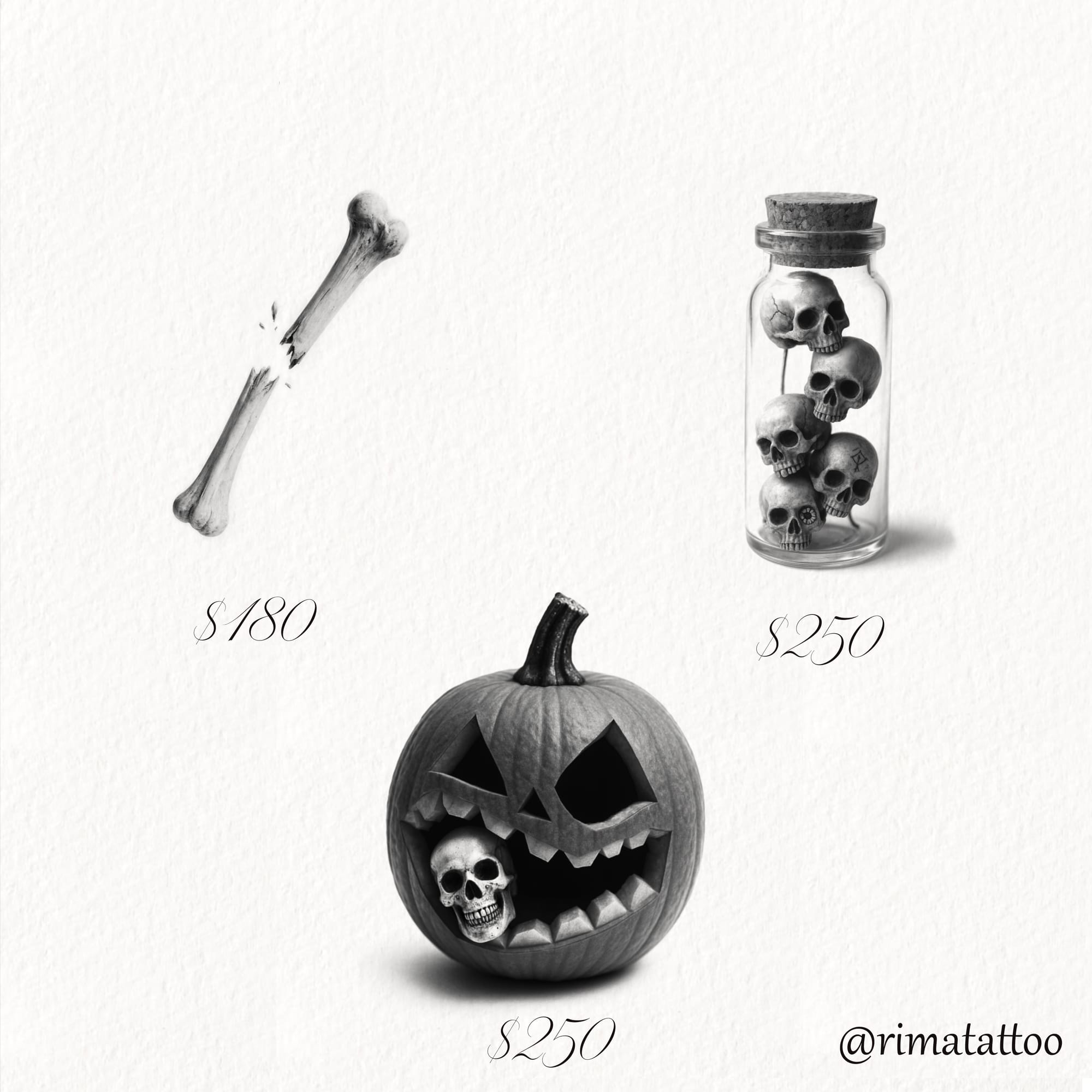 Halloween tattoo flash featuring three pieces: a fractured bone with lightning crack, glass apothecary jar filled with stacked skulls, and large carved pumpkin with skull inside its mouth. Realistic black and grey shading, priced $180-$250. Design by @rimatattoo.