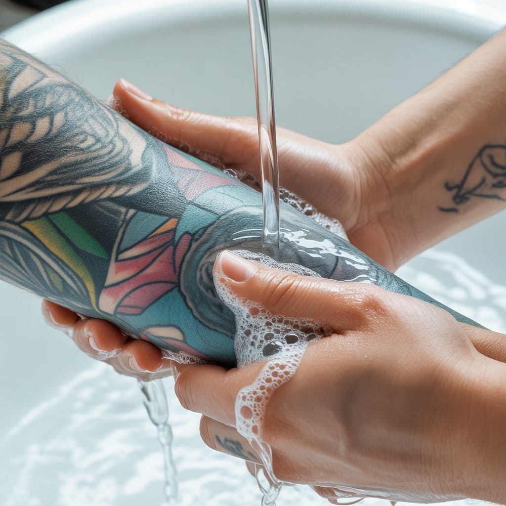 Close-up of hands gently washing a fresh, detailed tattoo