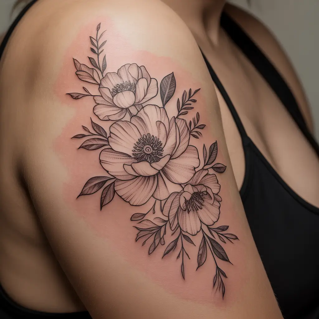 Beautiful floral tattoo covering a faint, healed surgical scar
